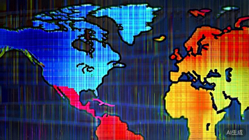 全球地图上标注着不同颜色和高亮区域，代表不同潜力的跨境电商市场，如北美、欧洲、东南亚