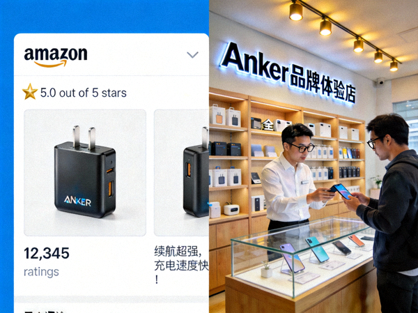 Anker产品在亚马逊上获得大量五星好评的页面展示，以及其线下品牌体验店的场景