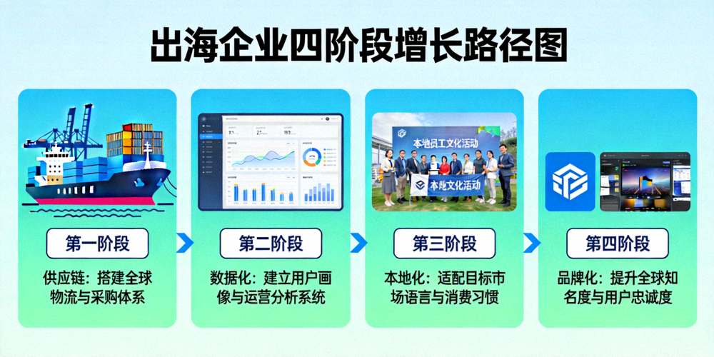出海企业从供应链、数据化、本地化到品牌化的四阶段增长路径图