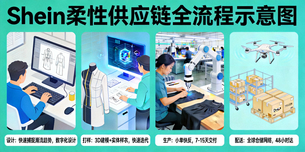Shein从设计、打样、生产到配送的柔性供应链全流程示意图