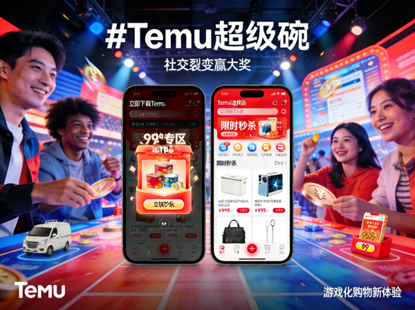 Temu超级碗广告画面与其App上各种超低价商品的截图，突出其社交裂变游戏化玩法