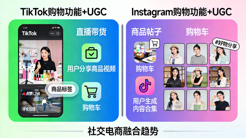 展示TikTok、Instagram等社交平台购物功能与用户生成内容融合的示意图