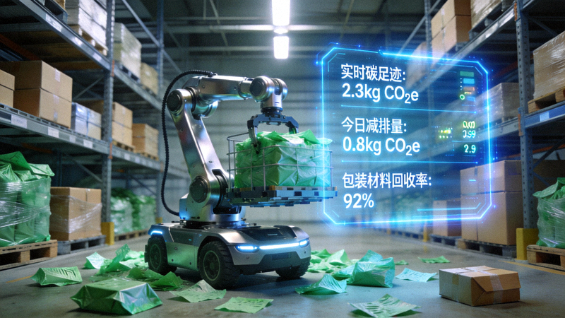 智能仓储机器人、绿色包装材料与碳足迹追踪数据面板的合成图