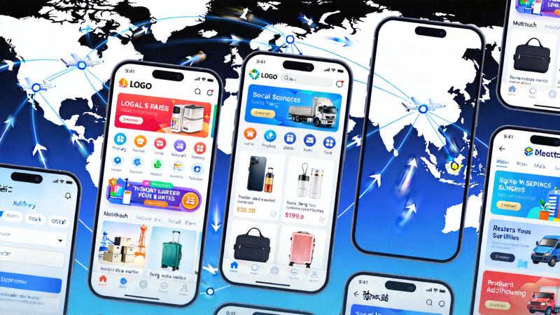 多个设计精美的独立站品牌在手机屏幕上展示，背景为全球物流航线