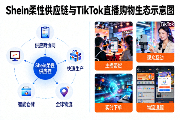 Shein的柔性供应链示意图与TikTok直播购物火爆场景并列