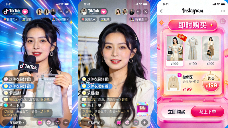 TikTok和Instagram直播购物场景，展示互动评论与即时购买功能