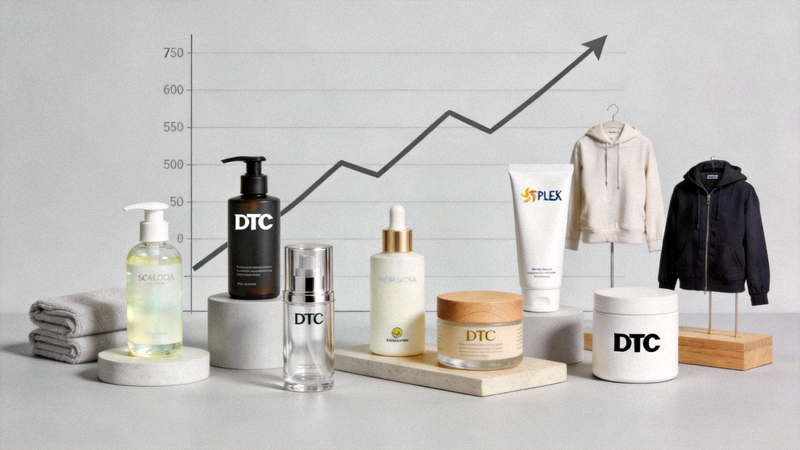 多个国际知名DTC品牌产品在简约场景中陈列，背景为增长曲线图