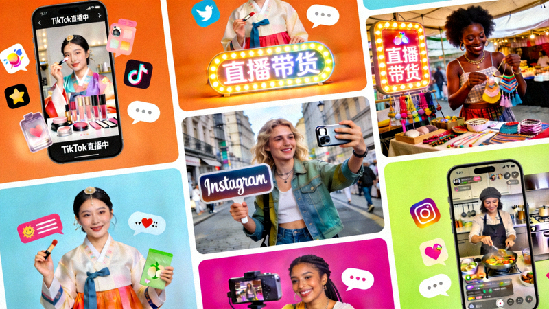 拼贴图展示全球各地网红在TikTok、Instagram等平台进行直播带货和短视频营销