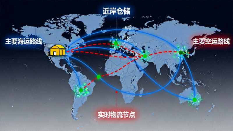 数字化全球地图展示近岸仓储、主要海运与空运路线及实时物流节点
