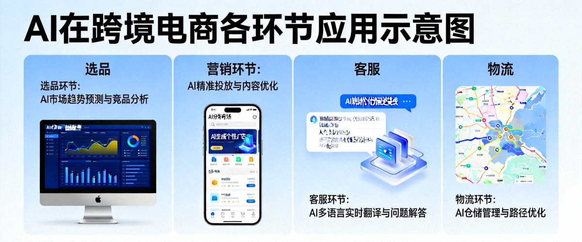 信息图展示AI在跨境电商选品、营销、客服、物流等环节的应用示意图