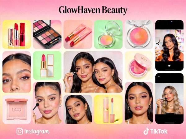 新兴美妆DTC品牌在Instagram和TikTok上极具美学风格的用户生成内容与网红合作展示墙