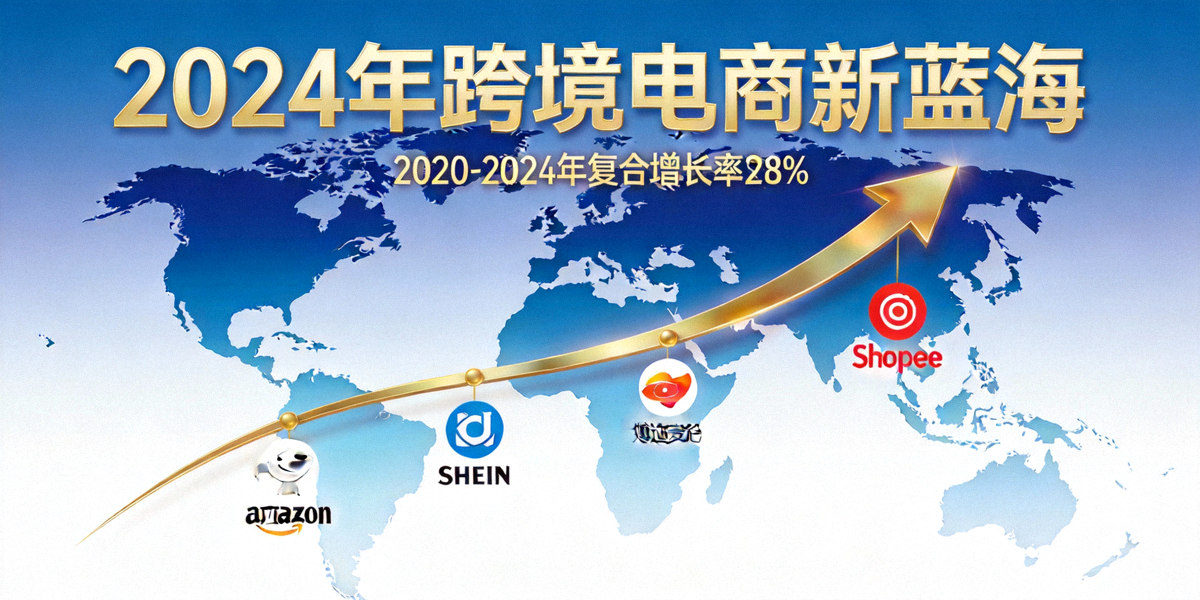 2024年跨境电商新蓝海主题头图，展示全球地图、增长曲线与代表品牌图标