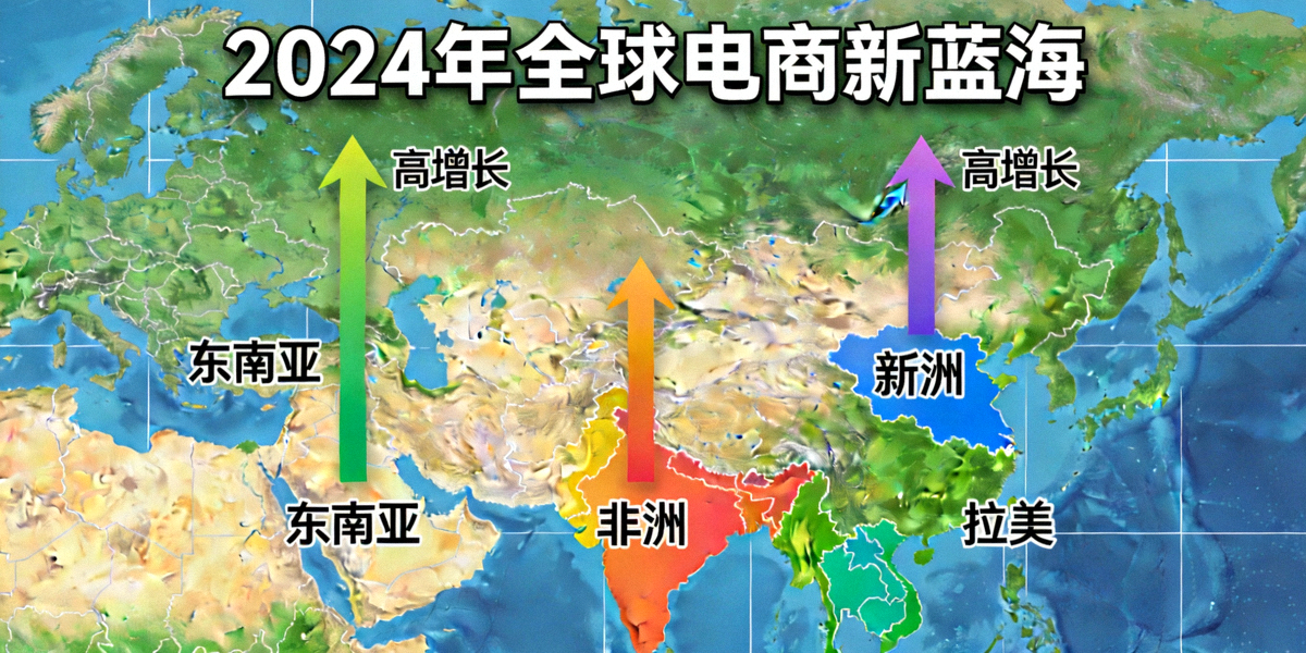 2024年全球电商新蓝海概念图，展示新兴市场地图与增长箭头