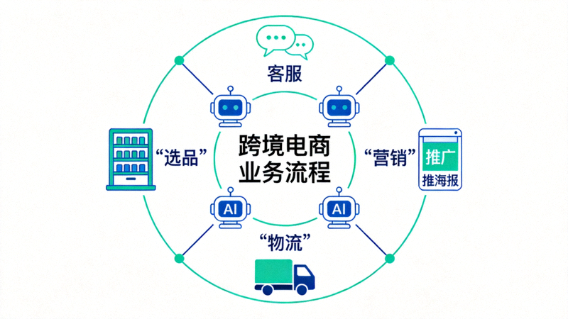 AI图标环绕跨境电商业务流程图，包括选品、客服、营销、物流等环节