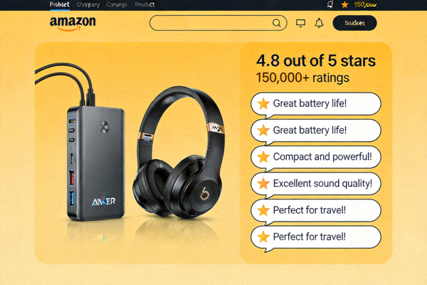 Anker充电宝、耳机等产品在亚马逊上获得大量五星好评的页面展示