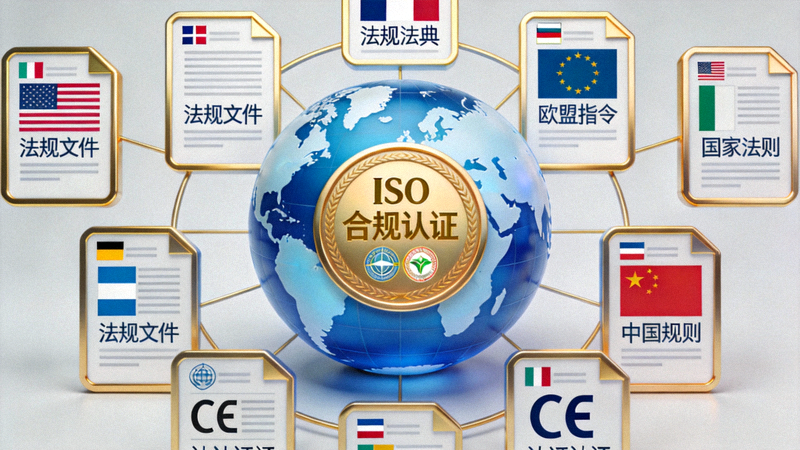 代表不同国家法规的文件图标环绕地球，中间是合规认证标志