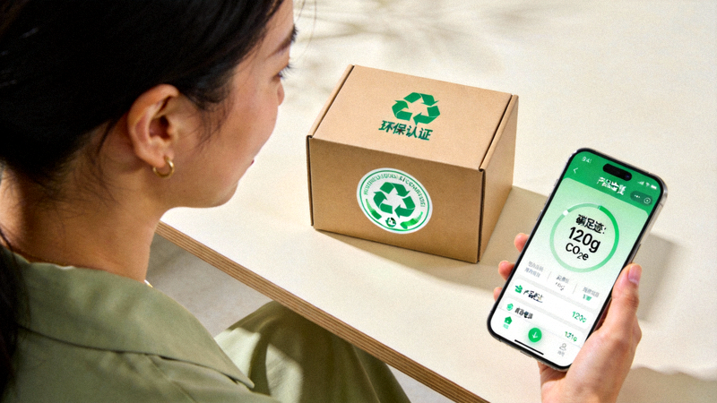 带有环保标志的电商包装盒与消费者在手机端查看产品碳足迹信息的场景