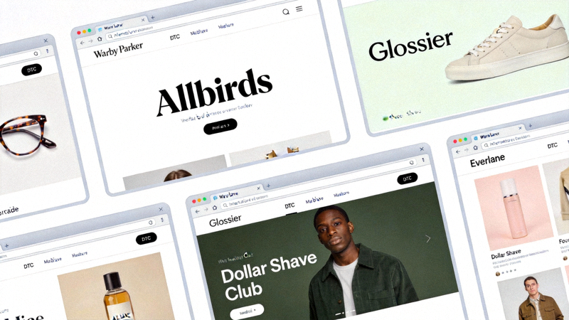 多个国际DTC品牌独立站首页在电脑浏览器中并列展示
