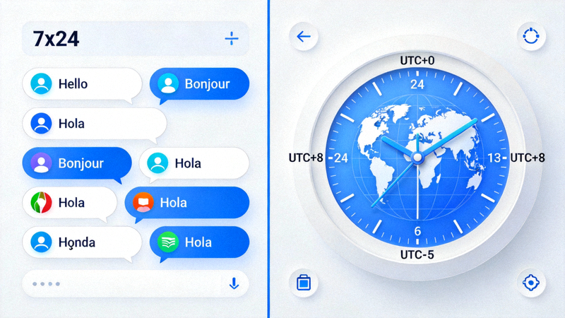 多语言客服对话界面与全球时钟，象征7x24小时客户服务与本地化支持