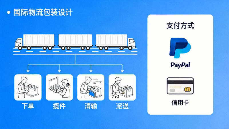 国际物流包裹运输流程图与多种支付方式图标如PayPal、信用卡