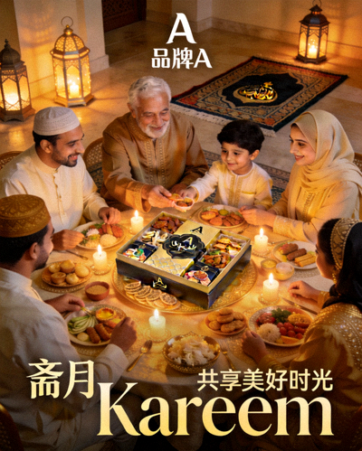 品牌A在中东地区的斋月主题广告，展示家庭欢聚场景与产品