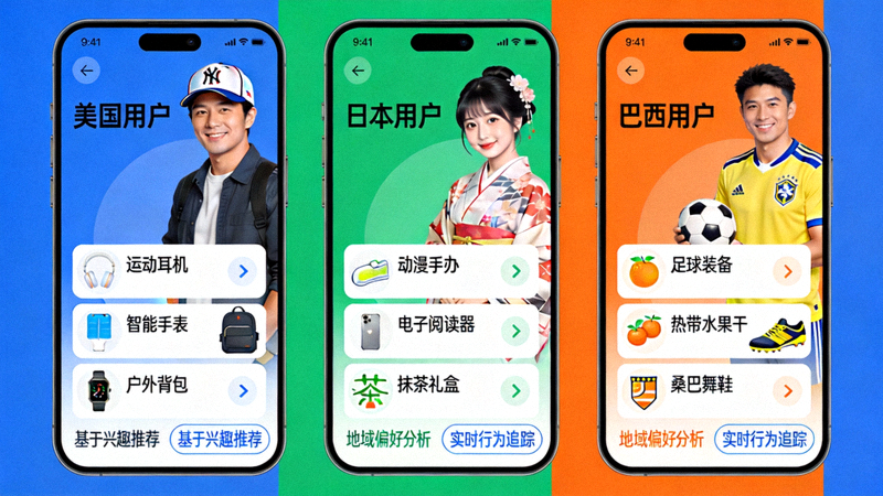 人工智能算法为不同国家用户推荐个性化产品界面的示意图