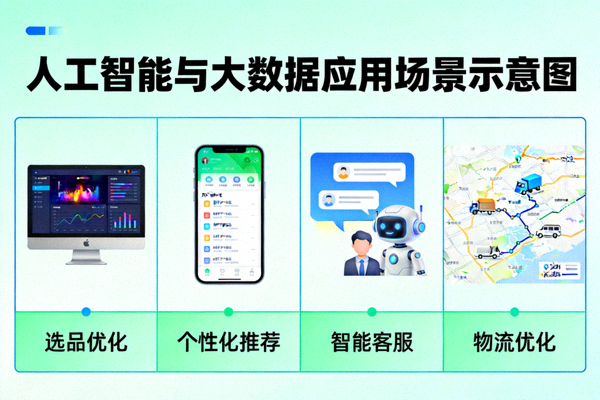 人工智能与大数据在选品、个性化推荐、客服和物流优化中的应用场景示意图
