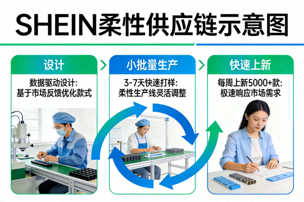 SHEIN柔性供应链示意图：从设计、小批量生产到快速上新的闭环流程