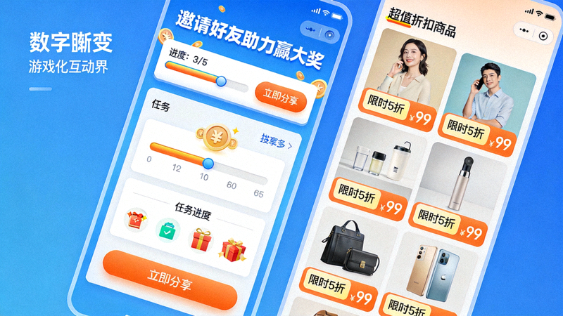 Temu的社交裂变游戏化互动界面与超值折扣商品展示截图