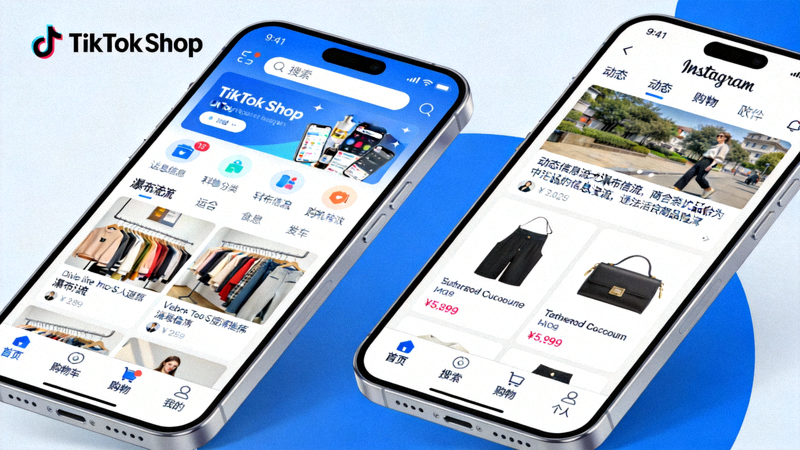 TikTok Shop、Instagram购物功能等社交电商界面在手机屏幕上的展示