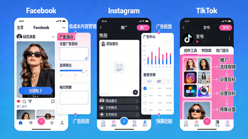在Facebook、Instagram、TikTok上进行低成本内容营销与广告投放的操作界面示意图
