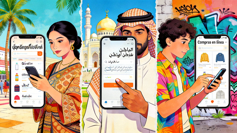 展示东南亚、中东、拉美等地消费者使用本地语言App购物的场景拼贴