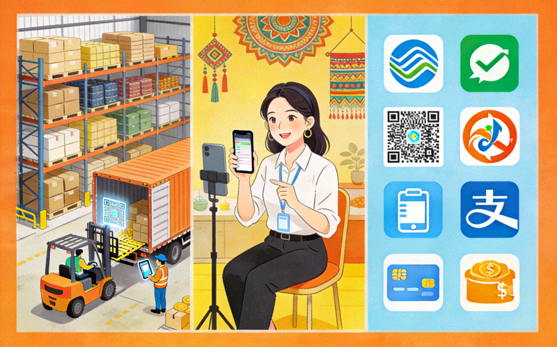 展示新兴市场本地化场景：海外仓物流、当地网红直播、多种本地支付方式图标