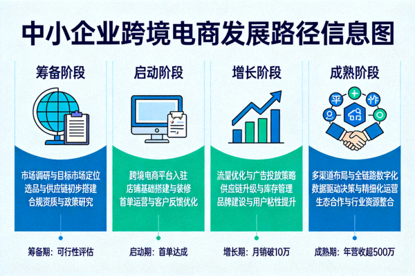 中小企业跨境电商从筹备、启动、增长到成熟四个阶段的发展路径信息图
