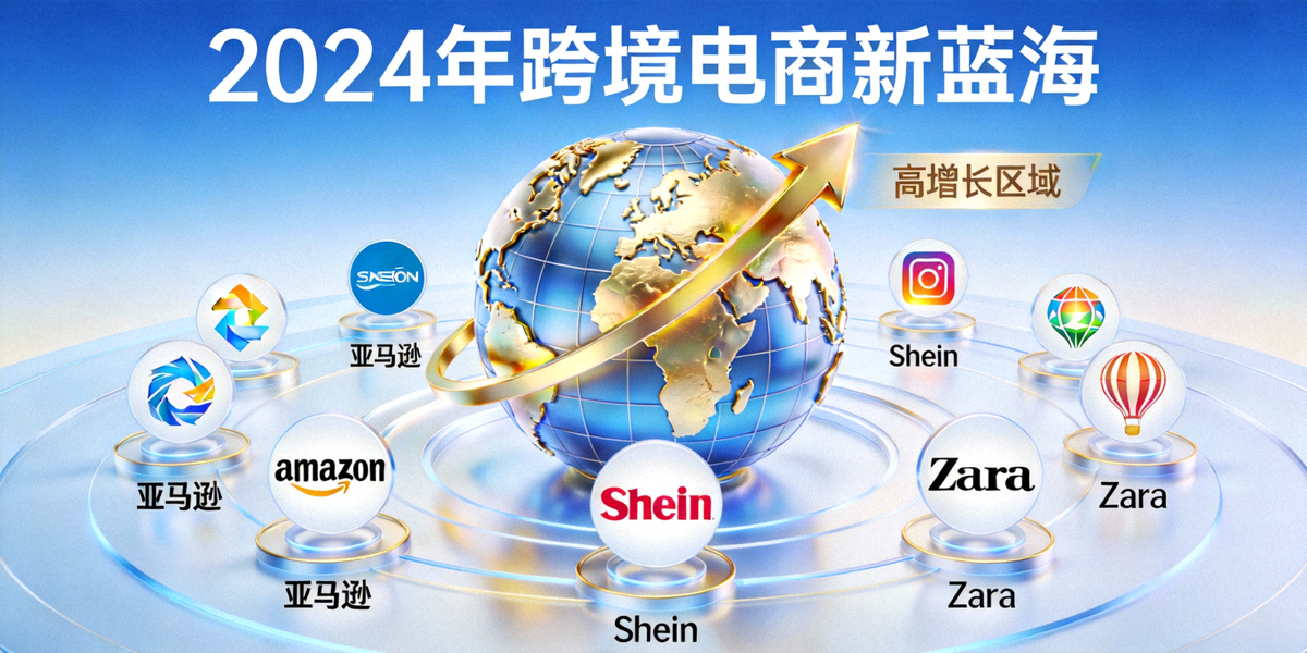 2024年跨境电商新蓝海主题头图，展示全球地图、增长箭头与代表性品牌图标