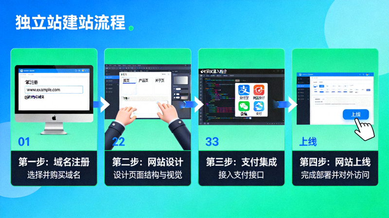 独立站建站流程示意图，展示从域名注册、网站设计、支付集成到上线的关键步骤