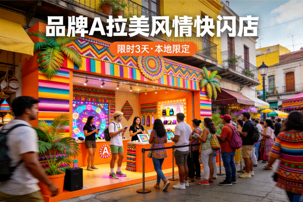 品牌A在拉美市场举办的本地化快闪店活动，顾客踊跃参与