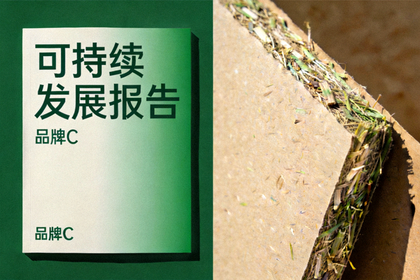 品牌C发布的可持续发展报告封面及其使用的环保包装材料特写
