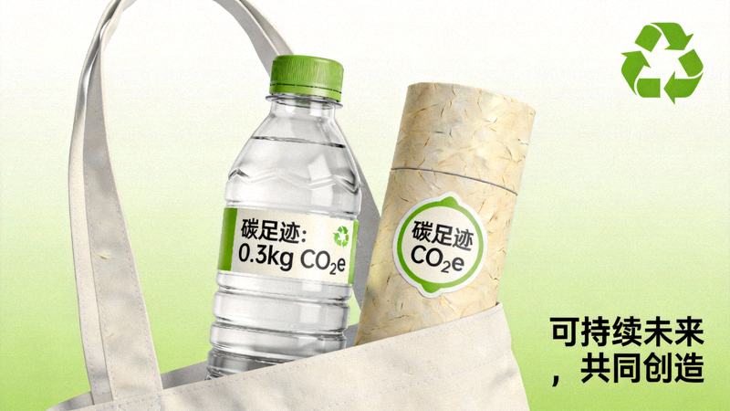 图片展示环保材料产品、碳足迹标签及注重可持续发展的品牌宣传画面