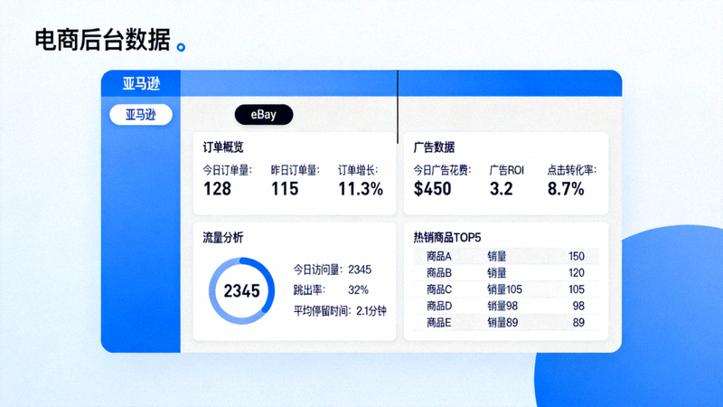 亚马逊、eBay等电商平台卖家后台数据仪表盘截图，展示订单、流量、广告等关键指标