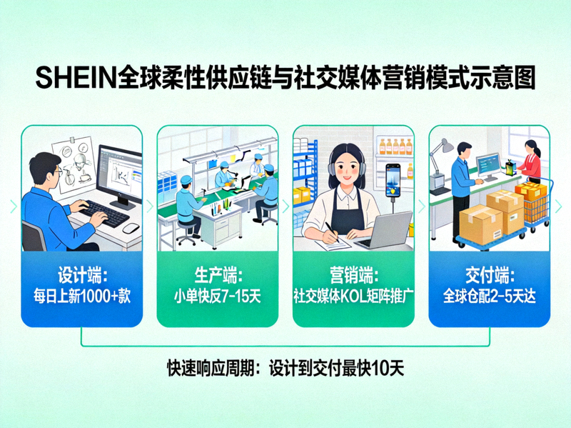 SHEIN全球柔性供应链与社交媒体营销模式示意图，展示从设计到交付的快速流程