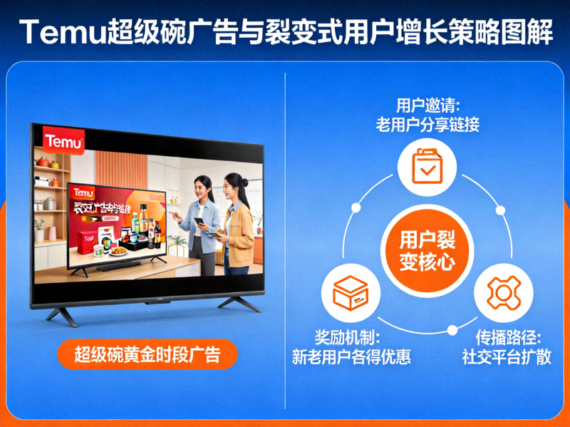 Temu超级碗广告画面与其裂变式用户增长策略图解