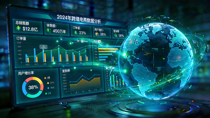 2024年跨境电商数据分析仪表盘与旋转地球的合成图，展示关键指标可视化