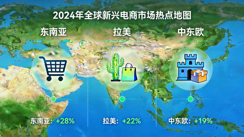 2024年全球新兴电商市场热点地图，突出显示东南亚、拉美、中东欧地区的增长数据与电商图标