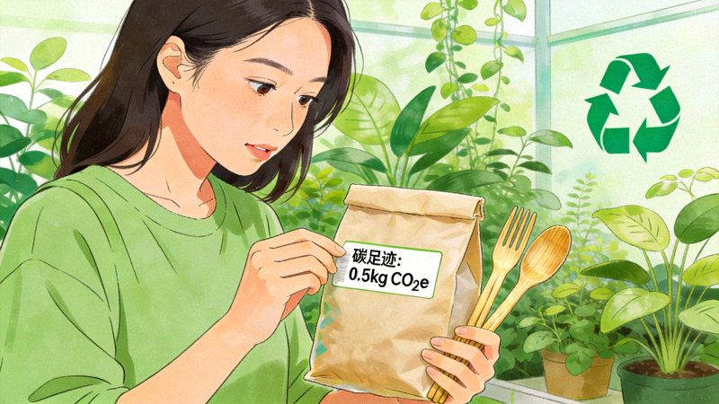 绿色环保产品、碳足迹标签与关注可持续发展的消费者形象组合图