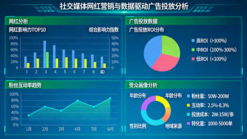 社交媒体网红营销与数据驱动广告投放的分析仪表盘界面