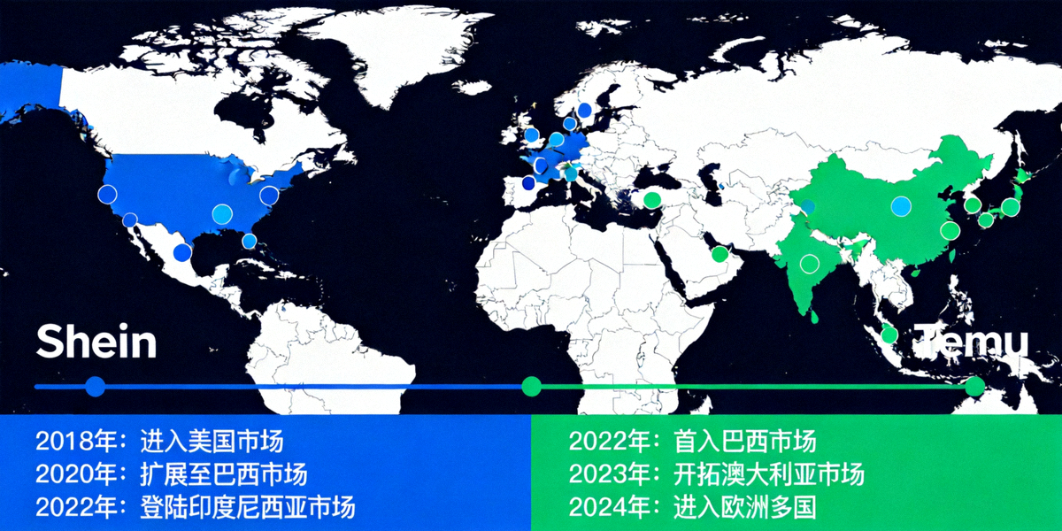 Shein与Temu全球市场覆盖地图，标注主要进入国家和地区及增长时间线