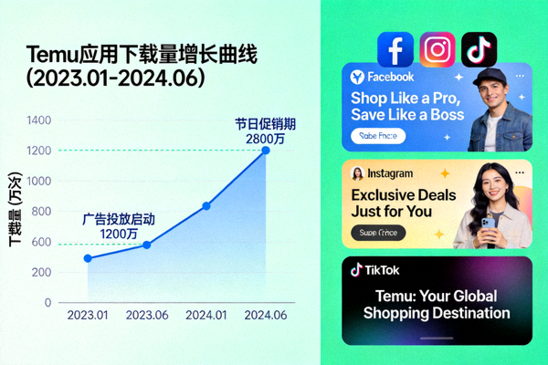 Temu应用下载量增长曲线图与海外社交媒体广告投放场景