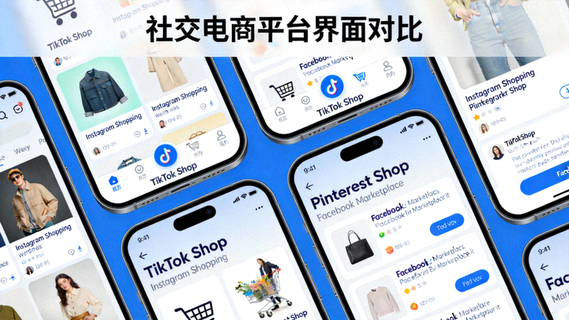 TikTok Shop、Instagram Shopping等社交电商界面在手机屏幕上展示的拼贴图