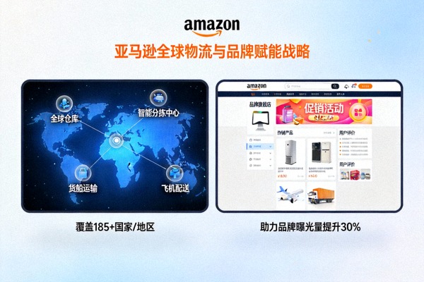 亚马逊全球物流网络与品牌旗舰店界面，展示其物流与品牌赋能战略